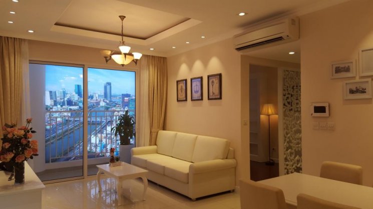 Cho thuê căn hộ Icon 56, 80 m2, 2 phòng ngủ, 2WC, giá 1200 USD/tháng (view quận 7) nội thất đầy đủ