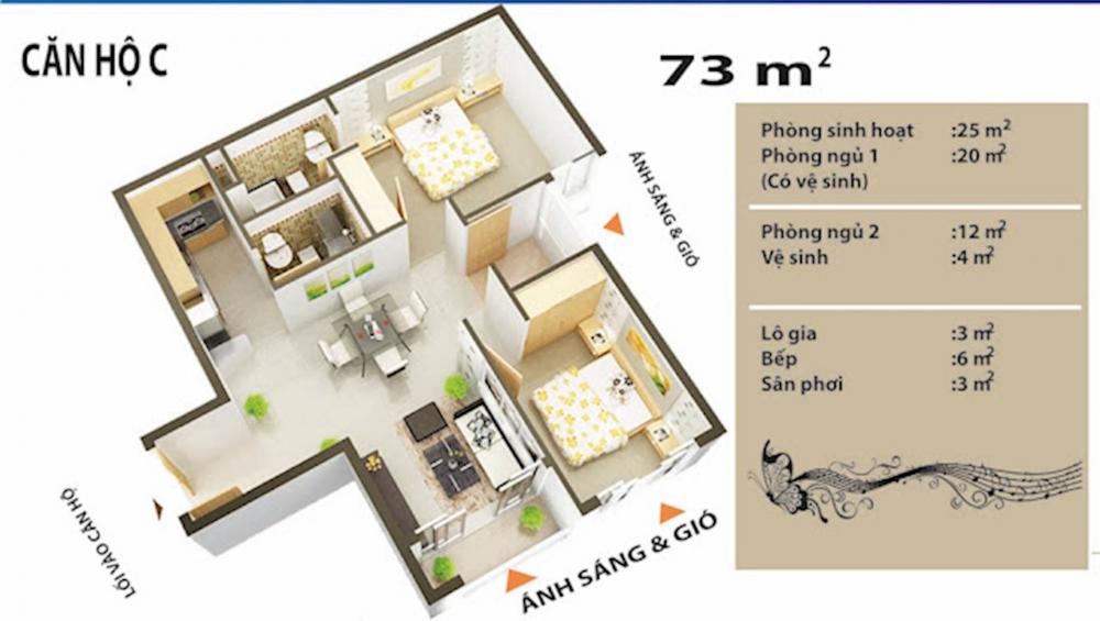 Cho thuê căn hộ Quang Thái dt 75m2, 2pn, 2wc, full nội thất, 8tr/th. Lh 0902.767.144