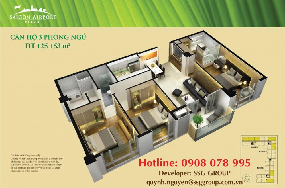 PKD SSG Group 0908078995 Saigon Airport Plaza cần cho thuê gấp CH 3PN 126m2, tầng trung căn góc