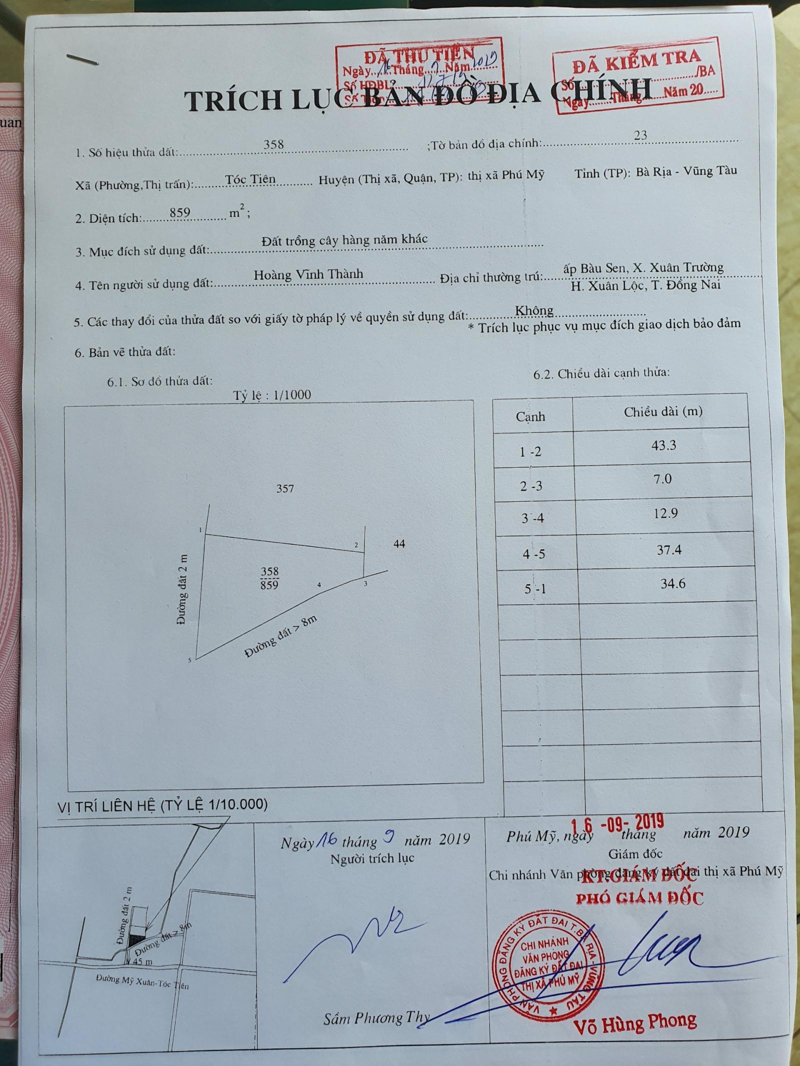 Cần bán đất phân lô giá siêu mềm cho nhà đầu tư đất tại Tóc Tiên, tx Phú Mỹ, tỉnh Brvt