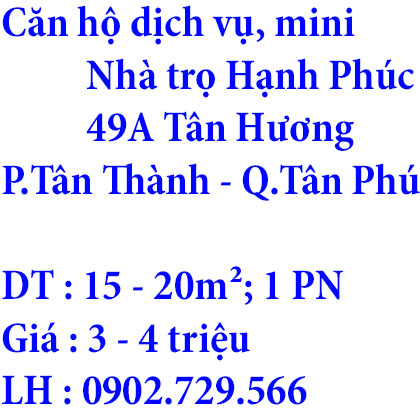 Căn hộ dịch vụ, mini nhà trọ hạnh phúc 49A tân hương, Phường Tân Thành, Quận Tân Phú, Tp Hồ Chí