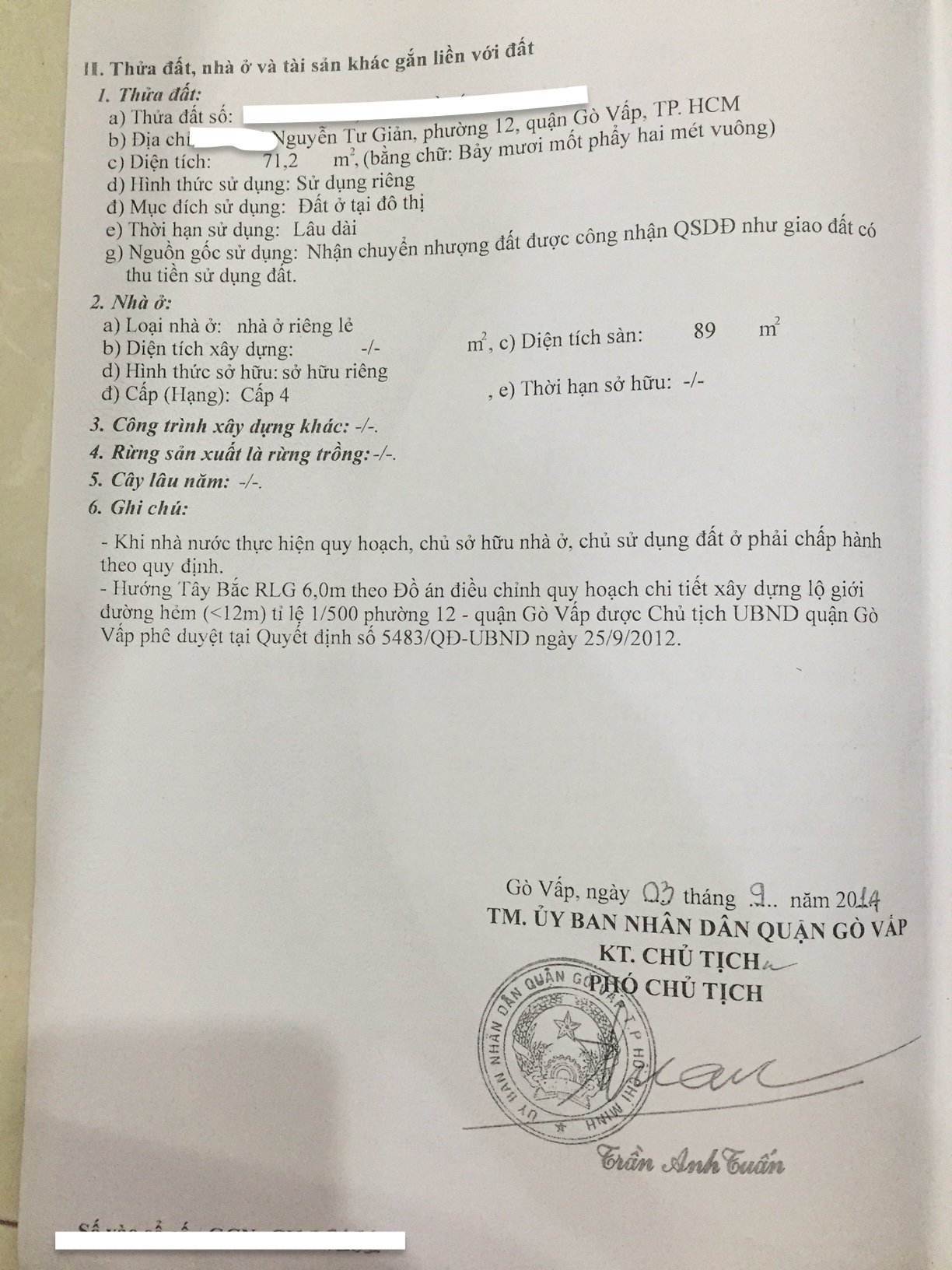 Chính chủ cần bán nhà tại  Đường Nguyễn Tư Giản, Phường 12, Quận Gò Vấp, Tp Hồ Chí Minh