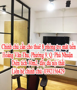 Chính chủ cần cho thuê 8 phòng trọ mặt tiền Hoàng Văn Thụ, Phường 9, Quận Phú Nhuận