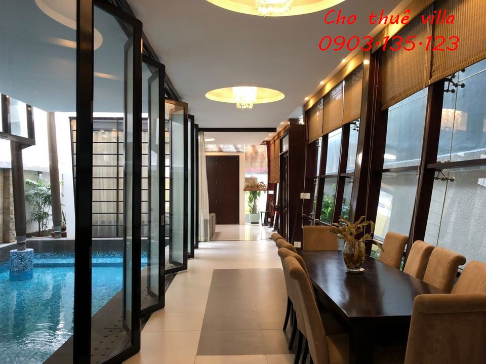 Cho thuê Villa trệt 2 lầu 5 phòng có nội thất cơ bản,hồ bơi thiết kế hiện đại.