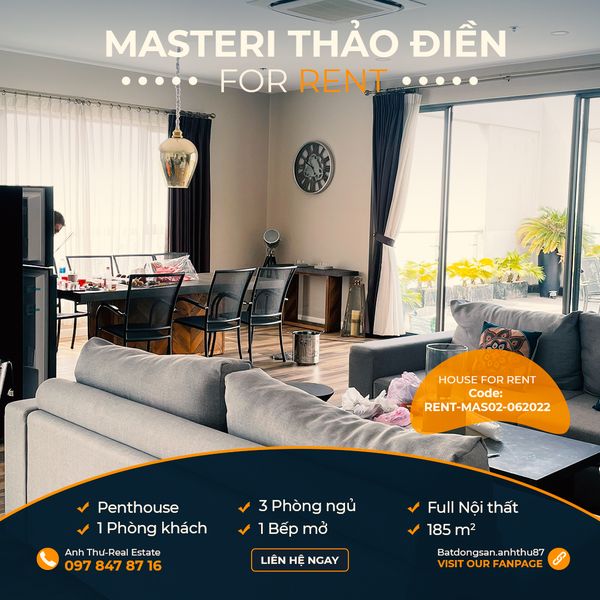 Cho thuê Penthouse Masteri Thảo Điền, DT: 260m2, 3PN,sàn gỗ đẹp