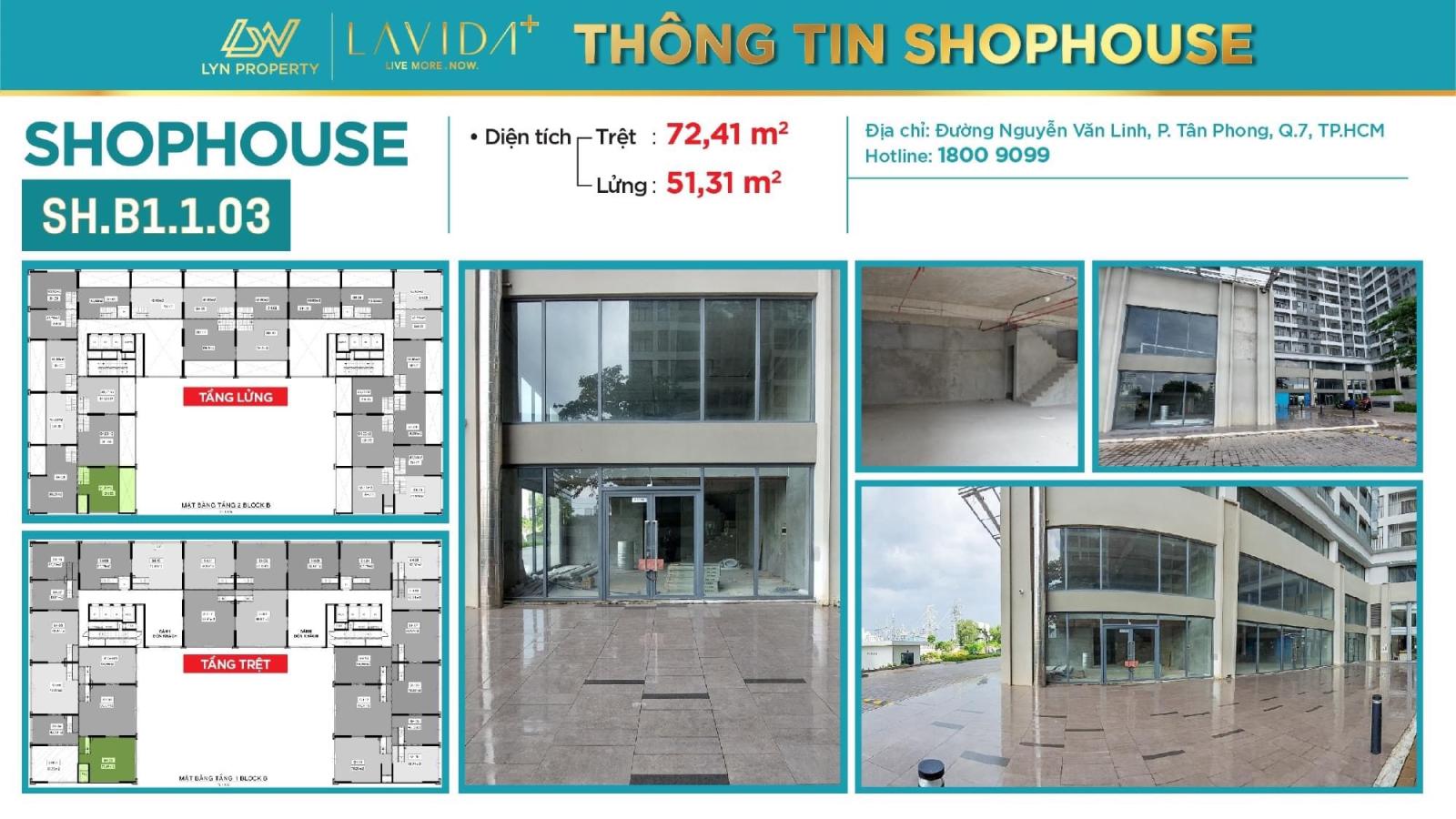 Cho thuê Shophouse Căn góc Lavida Plus Nguyễn Văn Linh Quận 7, 123m2, trệt + lửng